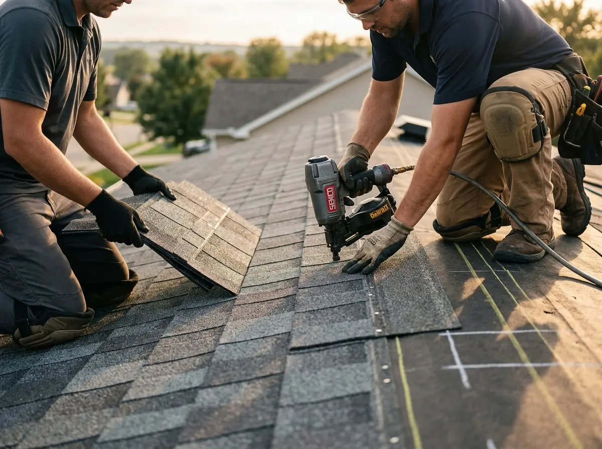 Professional roofer working on a residential roof in San Jacinto